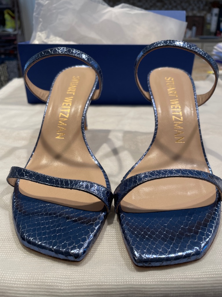 Brand New Stuart Weitzman Blue Snake-Embossed Strappy Heeled Sandals